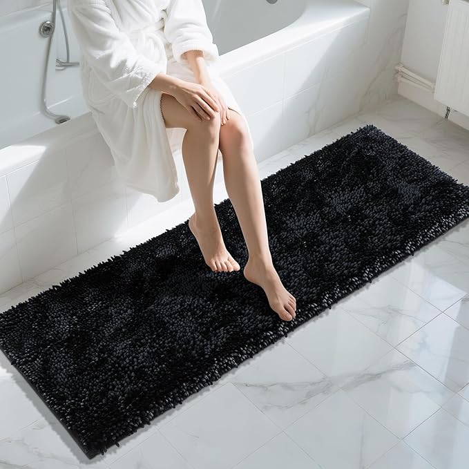 Yimobra Long Bathroom Rugs Runner 70x24 Inch, Extra Thick Soft Absorbent Chenille Bath Mat, Non Slip Machine Washable, Quick Dry Bath Rugs for Bathroom Floor, Tub and Shower, Black