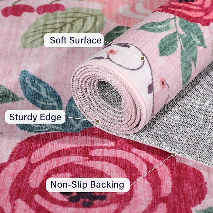DUKINO 4x6 Area Rug, Floral Rugs for Living Room, Lightweight Non Slip Washable Rug, Indoor Low Pile & Non-Shedding Boho Design Rugs for Bedroom, Living Room, Dining Room, Pink