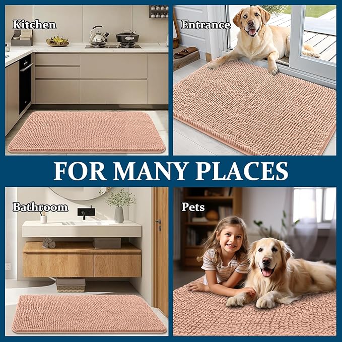 OLANLY Dog Door Mat for Muddy Paws 47x17, Absorbs Moisture and Dirt, Absorbent Non-Slip Washable Doormat, Quick Dry Chenille Mud Mat for Dogs, Entry Indoor Entryway Carpet for Inside Floor, Peach