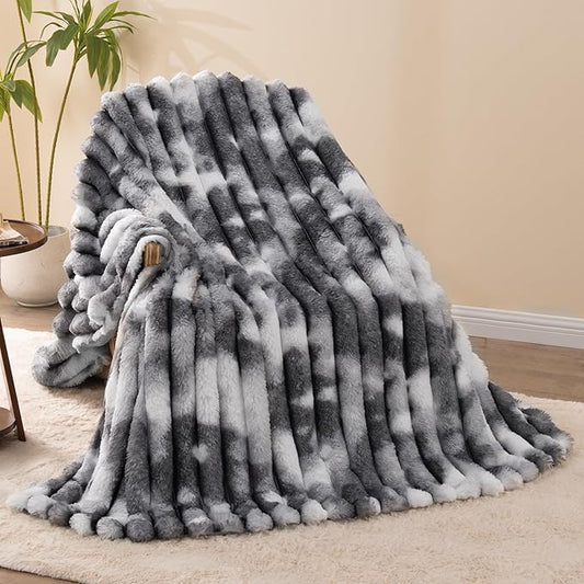 Throw Blanket for Couch - 60" x 80" Faux Rabbit Fur Throw Blanket Cozy Soft Warm Blankets for Bed Sofa Bedroom Living Room Fluffy Striped Blankets for Fall Winter, Home Decor, Grey