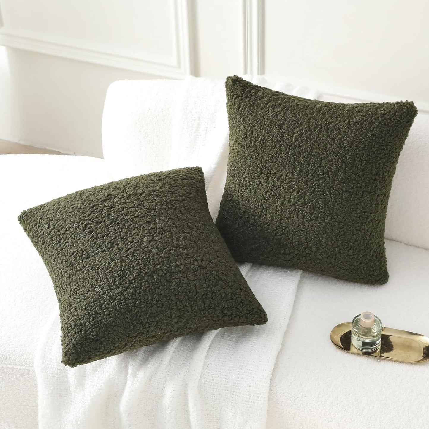 FUTEI Olive Green Throw Pillow Covers 22x22 Inch Set of 2,Furry Faux Fur Teddy Boucle Textured Cushion Covers,Soft Fluffy Decorative Pillow Case,Home Decor for Couch Bed Living Room Office Car
