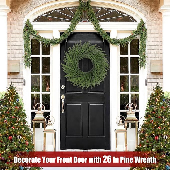 Artgar 26 Inch Pine Wreath - Christmas Wreaths for Front Door - Real Touch Pine Wreath - Large Artificial Green Wreaths for Walls Windows Porches Farmhouse Indoor Outdoor Home Decor (2 Pcs)