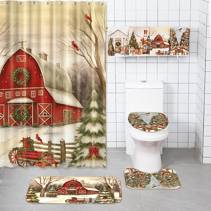 8 Pcs Christmas Shower Curtain Set Xmas Santa Bathroom Decoration Christmas Tree Hand Towels Snowman Toilet Lid Cover Bathroom Rugs Xmas Shower Curtain with Hooks(Farmhouse Style)