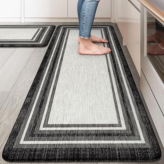 KIMODE Anti Fatigue Kitchen Mat for Floor, 20"x47"+20"x32" Kitchen Rugs Set of 2, Non Slip Kitchen Floor Mats Cushioned, Comfort Mats for Kitchen Floor, Sink, Laundry, Office, Desk Black and White