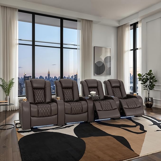 Seatcraft Diamante Zero-Gravity CoolZero Italian Leather Home Theater Seating, Power Headrest, Power Recline, Row of 4, Brown