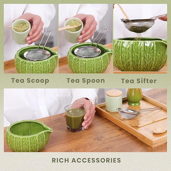 Matcha Whisk Set,Matcha Bowl with Spout,Matcha Whisk （Chasen) and Holder,Matcha Sifter and Bamboo Matcha Spoon,Scoop Matcha Making Kit 6Pcs Light Green
