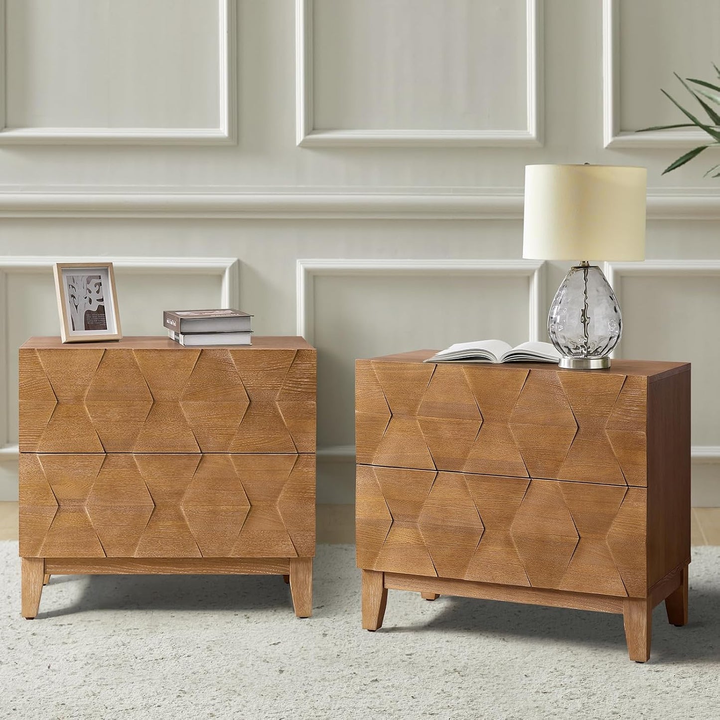 HULALA HOME Wood Nightstand Set of 2 with Charging Station 2 Drawer Dresser with Wooden Legs Mid Century Modern Bedside French Style End Table for Bedroom, Seadrift