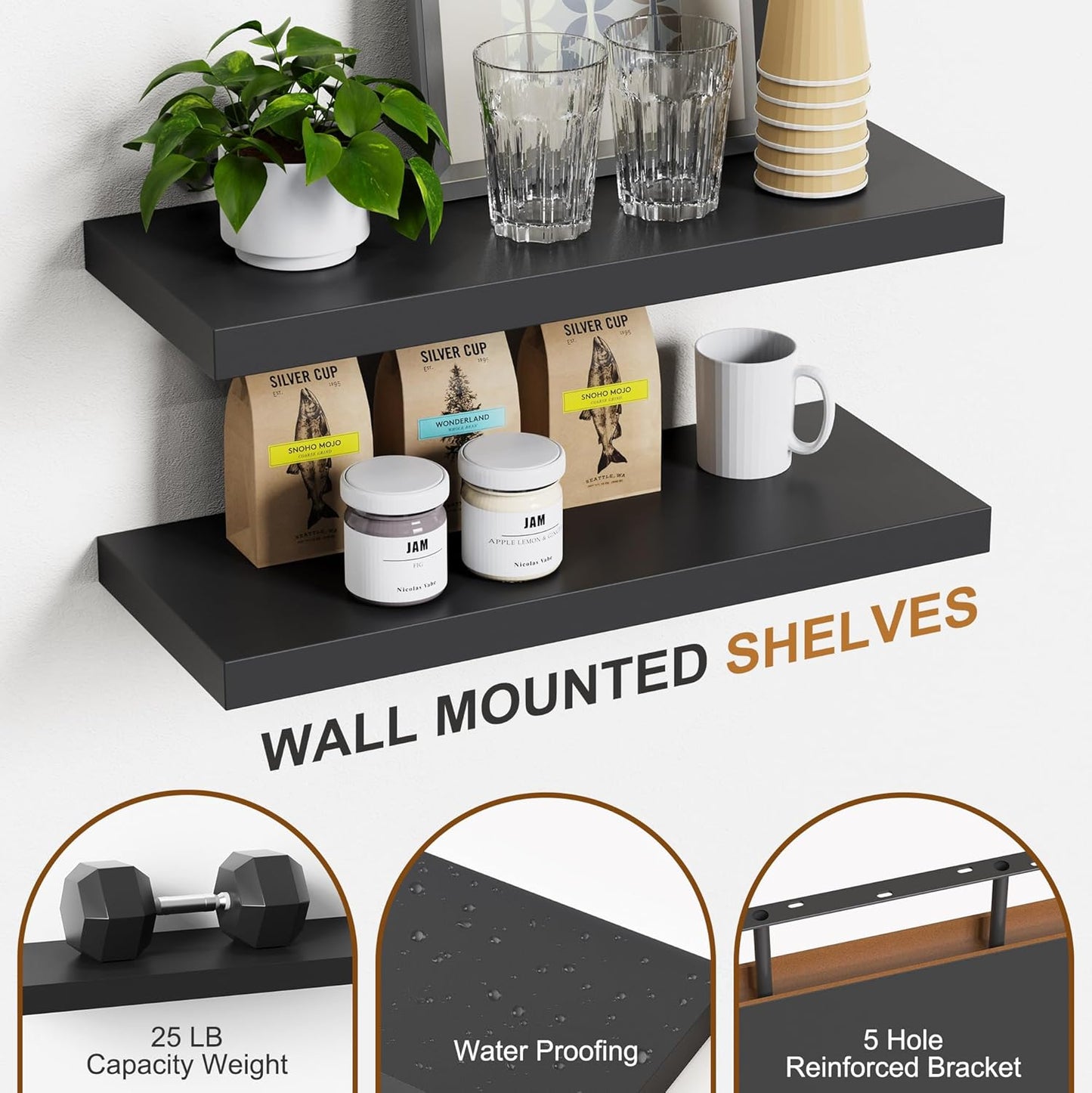 Bellsal Floating Shelves for Wall, Black Engineered Wood Wall Shelf Set of 4, 16" Wall Mounted Floating Shelf for Kitchen, Living Room, Bedroom, Bathroom Storage, Book Shelf for Home Decor