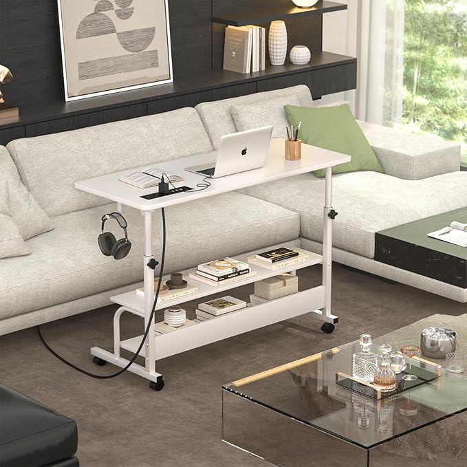 Armocity Height Adjustable Standing Desk with Power Outlets, 39" Manual Stand Up Desk with Storage Shelves Small Mobile Rolling Computer Desk Portable Laptop Table with Wheels for Home Office, White