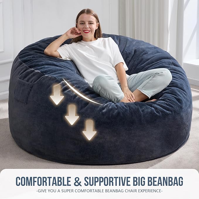 Hobestluk 5ft Bean Bag Chairs for Adults Large Beanbag Chair with Plush Faux Fur Cover Big Bean Bag Chair for Living Room Bedroom Dorm Office - Dark Grey (50” x 50” x 24”)