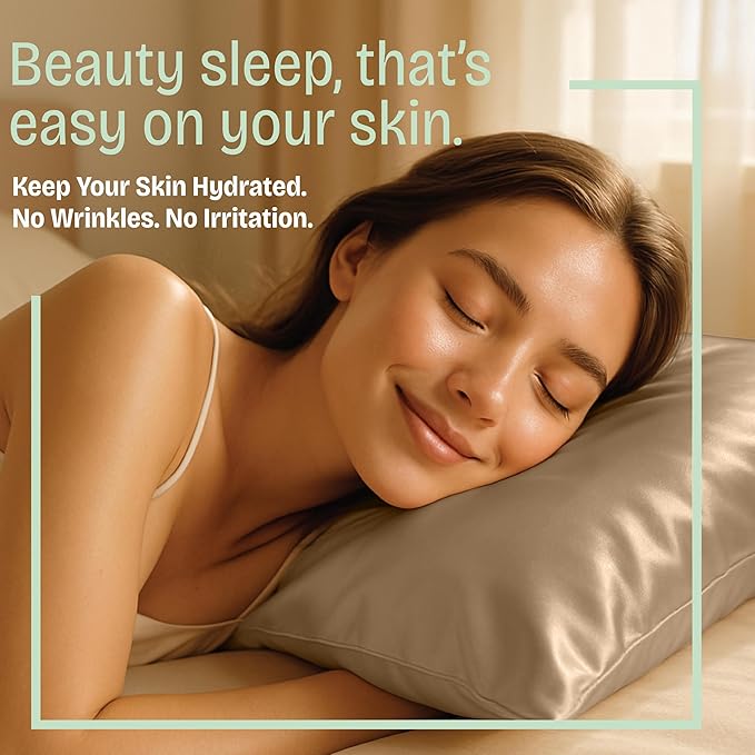 Satin Pillowcase with Zipper, for Hair and Skin Care, Feels Soft and Cool Like a Silk Pillowcase, Beige Satin Pillow Cases 2 Pack, Slik Pillow Cover, Queen Size, Set of 2