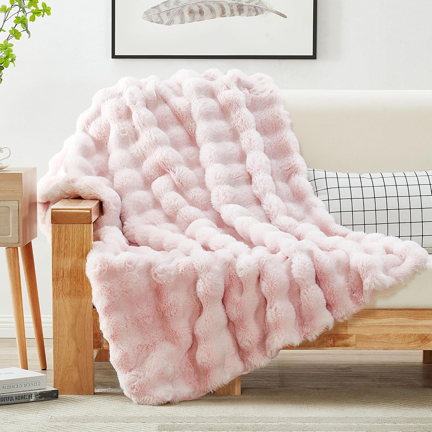 JONIYEAR Decorative Pink Bubble Faux Rabbit Faux Fur Throw Blanket 50" x 60", Super Soft Double Sided Cozy Accent Puffy Warm Furry Blankets for Winter,Lovely Cute Washable Fuzzy Blanket for Women Girl