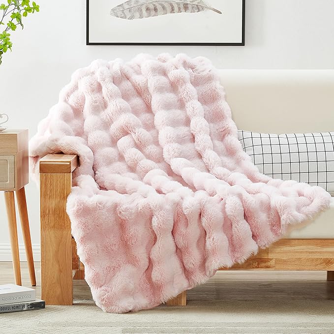 JONIYEAR Decorative Large Pink Bubble Faux Rabbit Fur Bed Blanket Full Size 70" x 80",Double Sided Soft Cozy Accent Warm Furry Blanket for Winter,Lovely Cute Big Washable Fuzzy Blankets for Women Girl
