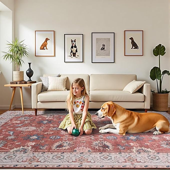 Vasofe 5x7 Rug for Bedroom, Washable Living Room Rugs for Dining Room, Red Indoor Floor Mat, Vintage Floral Mats for Home Decor, Farmhouse, Laundry Room, Non Slip Low Pile Soft Modern Carpet
