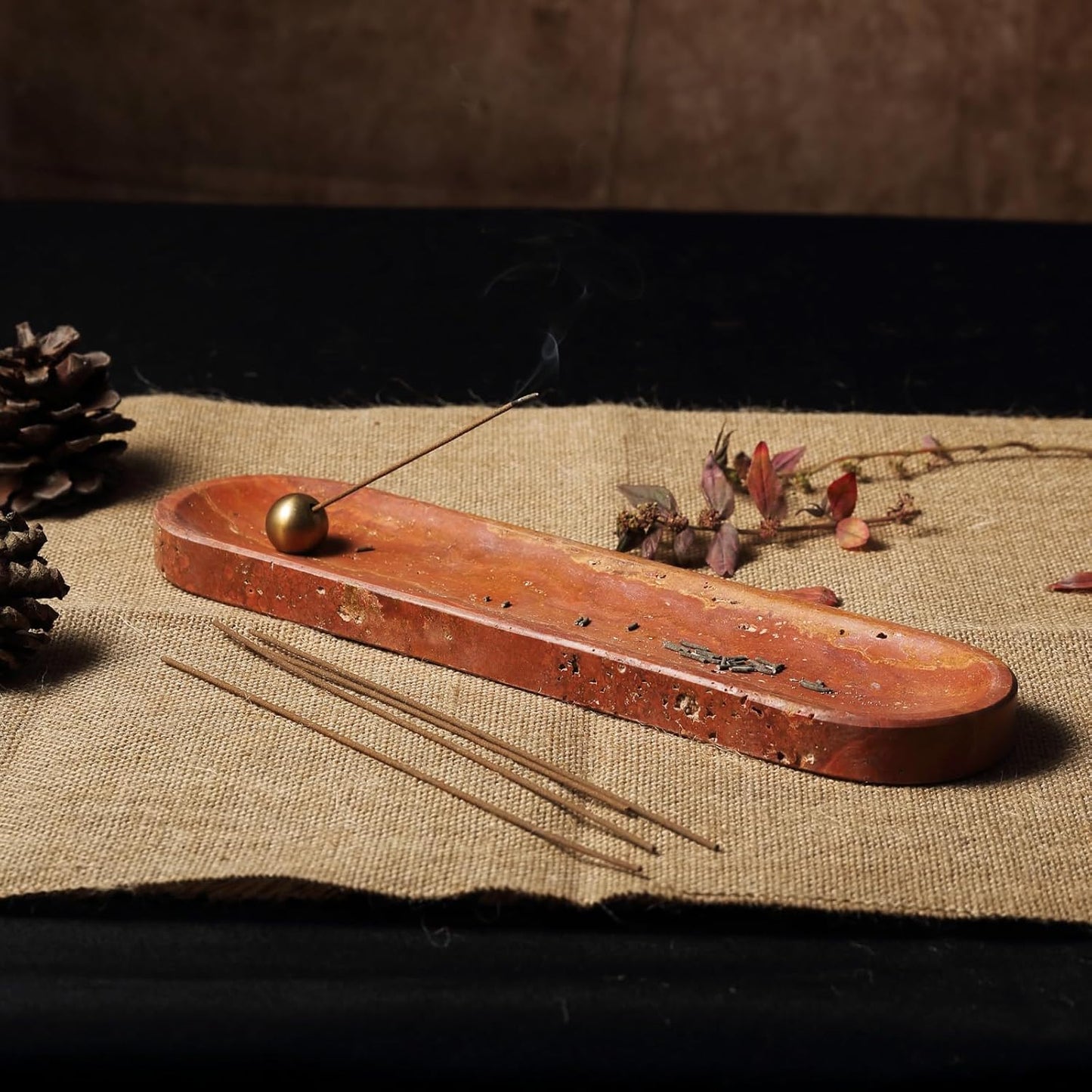 Koville Red Travertine Incense Holder, Incense Holder for Sticks, Natural Stone Incense Burner Ash Catcher for Meditation Yoga SPA, Balsam Fir/Palo Santo/Sage/Cone, Home Table Decor