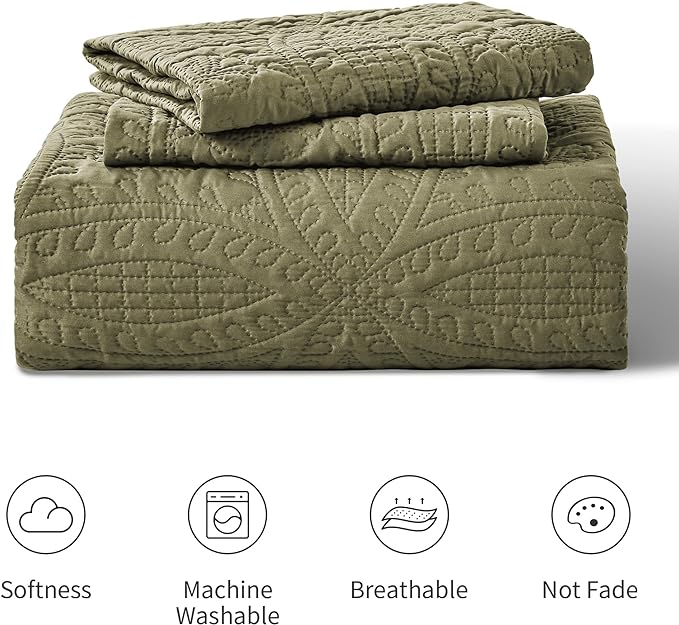 Love's cabin California King Size Quilt Bedding Set Green Bedspreads - Cal King Summer Lightweight Bedspread Comforter - Coin Pattern Coverlet for All Season - 3 Pieces (1 Quilt, 2 Pillow Shams)