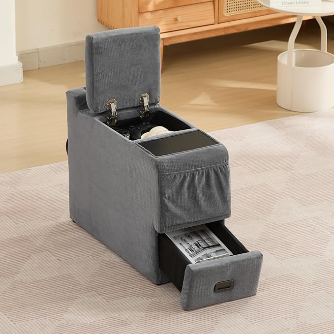 Recliner Side Table for Power Recliner Chair, Home Theater Seating Electric Recliing Sofa with Massage & Heat, Cup Holder, USB Port, LED Ambient Light, Storage (Grey, Console Table Only)