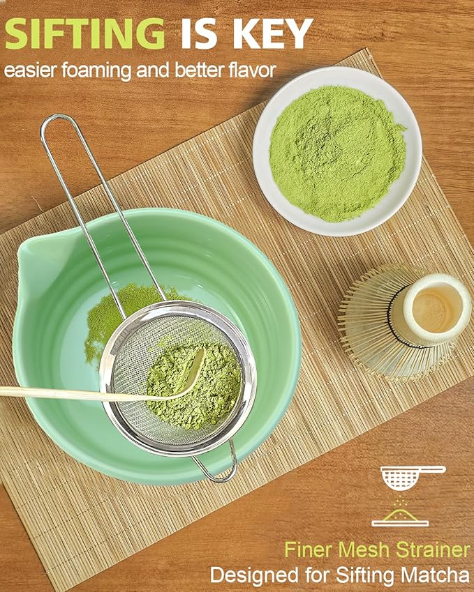 Matcha Whisk Set with Matcha Bowl, Matcha Whisk Holder Matcha Bamboo Whisk, Scoop, Sifter, Unique Gifts for Women Men Girl Friend Home Kitchen Decor（Light Green）