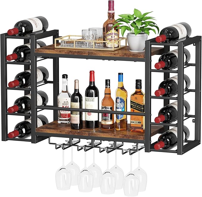 Wall Mounted Wine Rack, Bottle & Glass Holder, Wood & Metal Wine Shelf Storage with Top Enclosure, Heavy Duty Bar Decor for Home, Kitchen, Bar (31.9" x 9.8" x 19.7")