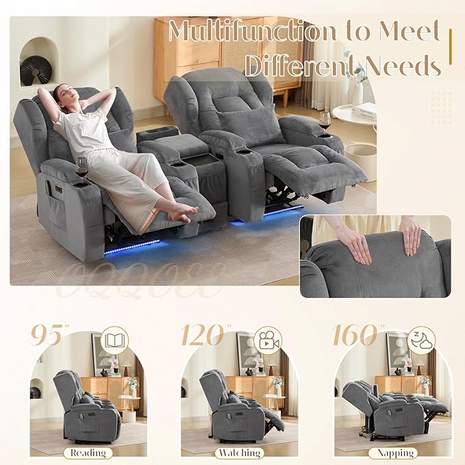 Wall Hugger Power Recliner Chair, Home Theater Seating Electric Recliing Sofa with Massage & Heat, Cup Holder, USB Port, LED Ambient Light, Storage for Living Room (Grey, Chair + Console)