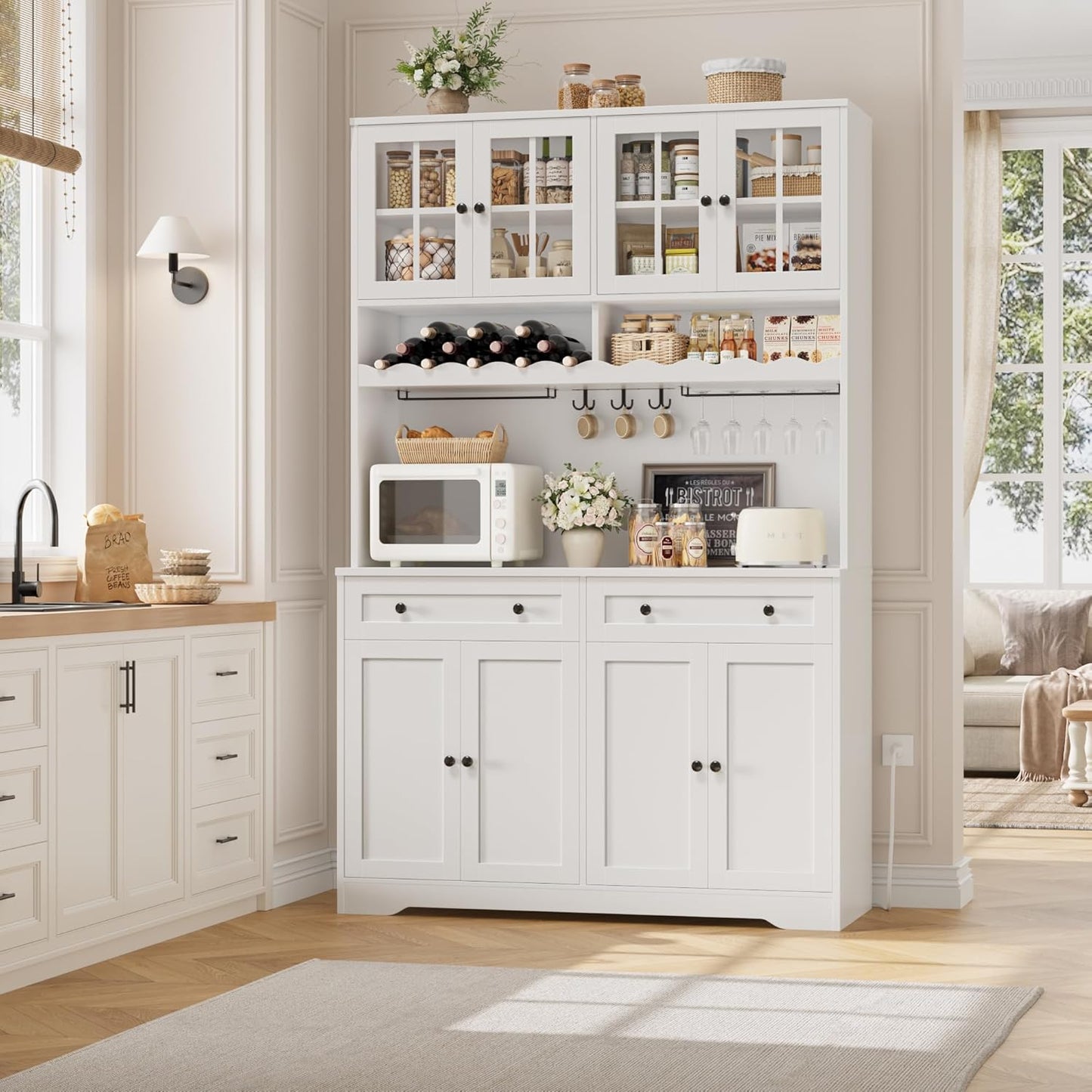 HOSTACK 75.4" Tall Kitchen Pantry Cabinet with Charging Station, Modern White Kitchen Hutch with Microwave Stand and Wine Racks, Large Food Pantry Storage Cabinet with Glass Doors and Drawers, White