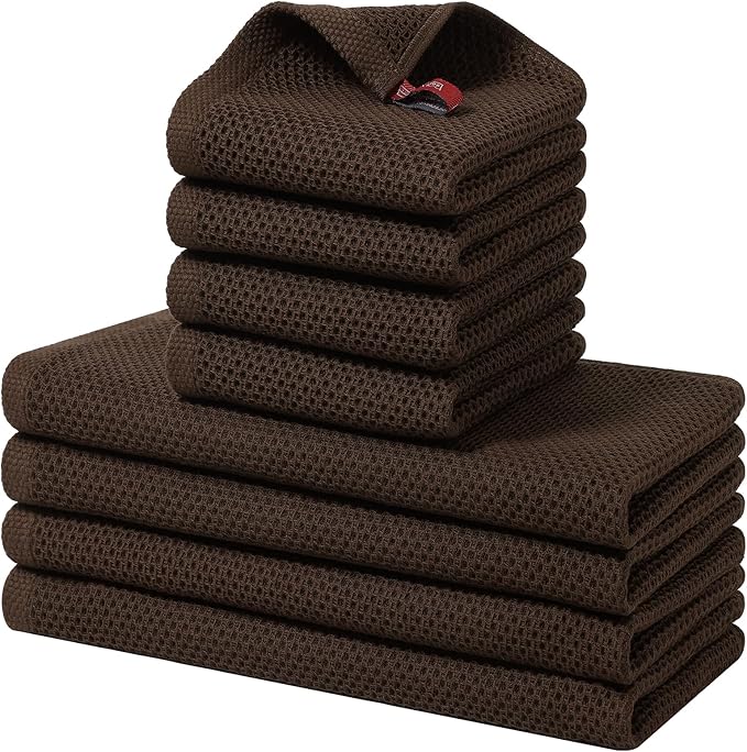 Homaxy 100% Cotton Kitchen Towels and Dishcloths Set, 12 x 12 Inches and 13 x 28 Inches, Set of 8 Bulk Kitchen Towels Set, Ultra Soft Absorbent Dish Cloths for Washing Dishes, Dark Brown