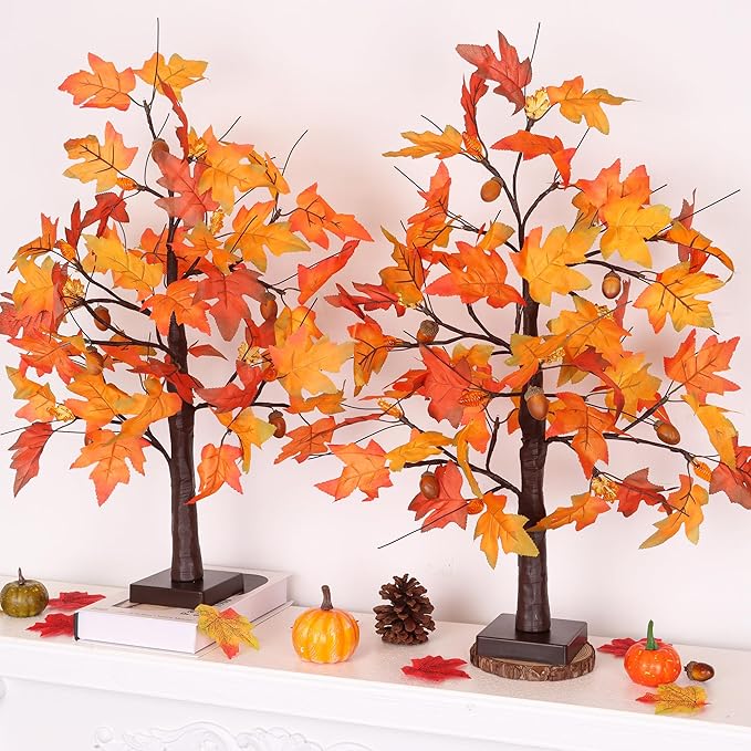 2 Pack 24 Inch Fall Maple Tree with Lights Battery Operated Lighted Tabletop Artificial Tree with Pumpkin Acorn Maple Fall Centerpieces Indoor Fall Decorations for Home Office Thanksgiving Table Decor