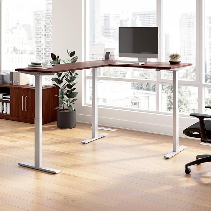Bush Business Furniture 60-inch Height Adjustable L Shaped Standing Desk, Electric Sit-Stand Corner Computer Table, Ergonomic Office, Move 60 Series, Hansen Cherry with Metallic Gray Base