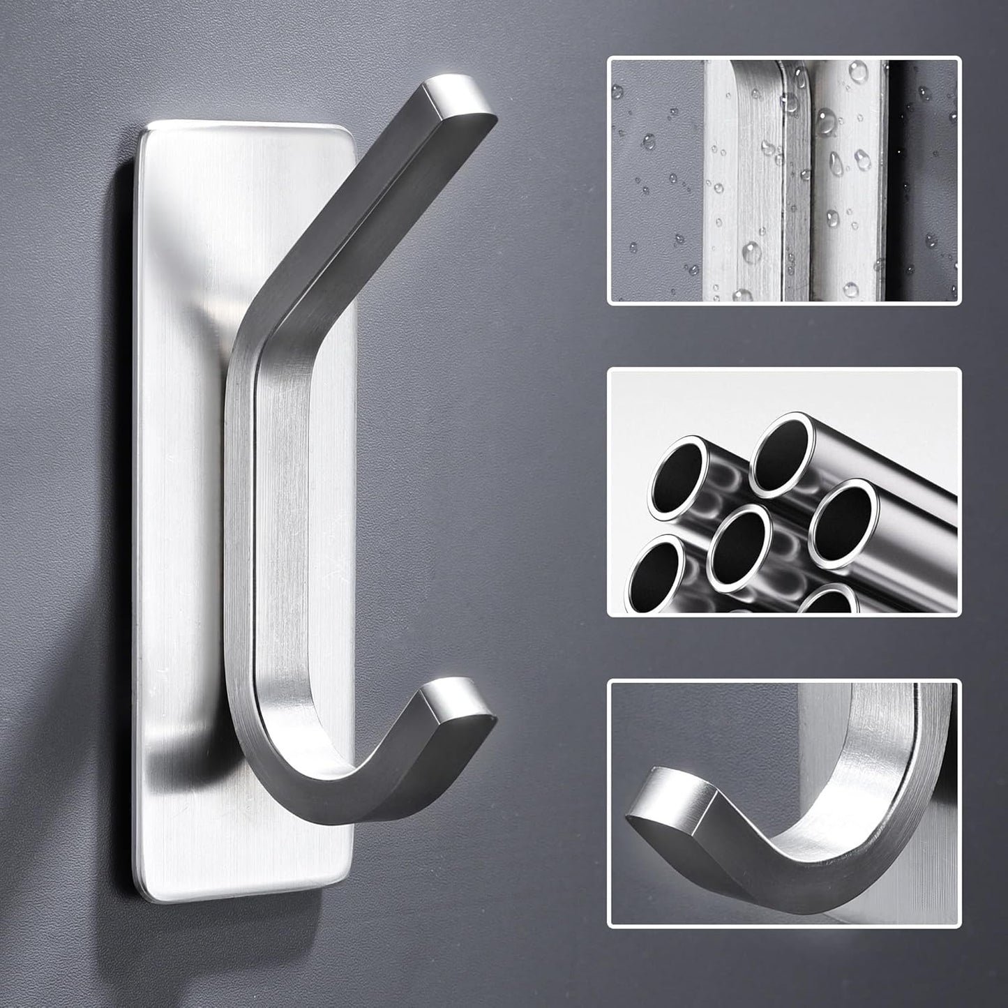 DELITON Adhesive Towel Hooks for Bathroom - 4 Pack Heavy Duty Stick on Wall Hooks, Waterproof Robe/Coat Hangers for Kitchen, Shower (Silver, Stainless Steel)