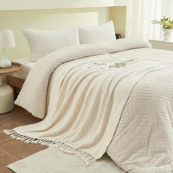 lifein Throw Blanket for Couch - Boho Throw Blanket, Knit Woven Blanket, Soft Decorative Blankets&Throws with Tassels for Bed,Sofa,Chair,Home Decor (Cream, 50 * 60, Waffle)