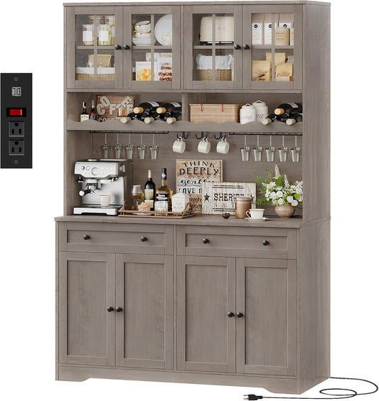 HOSTACK 75.4" Tall Kitchen Pantry Cabinet with Charging Station, Modern White Kitchen Hutch with Microwave Stand and Wine Rack, Large Food Pantry Storage Cabinet with Glass Doors and Drawers, Ash Gray