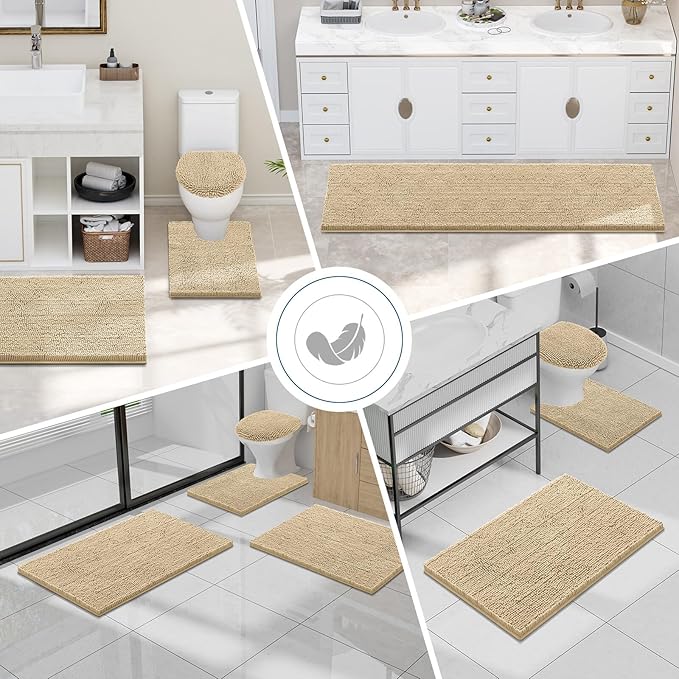 Smiry Luxury Chenille Bathroom Rugs 36x24, Extra Soft and Absorbent Shaggy Bath Mat, Machine Washable, Non-Slip Plush Carpet Runner for Tub, Shower, and Floor, Home Decor Accessories, Beige