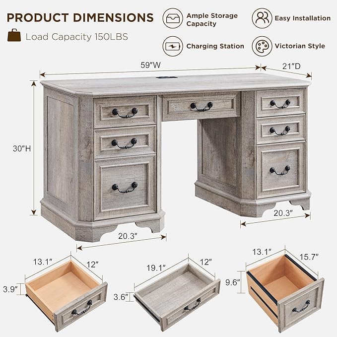 T4TREAM 59" Farmhouse Executive Desk with Drawers,Wood Home Office Computer Desk, Featuring Keyboard Tray,Charging Station,File Drawer, Storage Cabinet,for Work and Study (Light Rustic Oak)