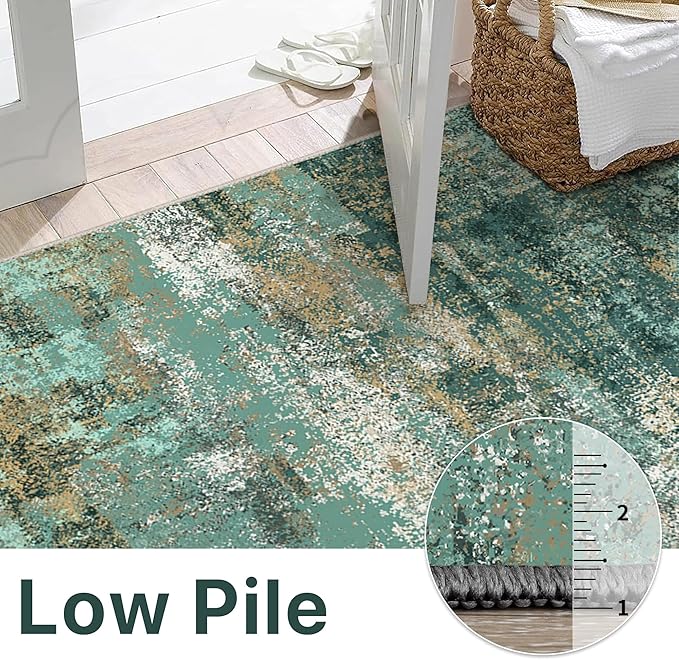 Runner Rug for Hallway Kitchen, 2x10 Machine Washable Runners Rug for Entryway, Soft Modern Abstract Throw Rugs, Low Pile Floor Cover with Non Slip Backing, Turquoise