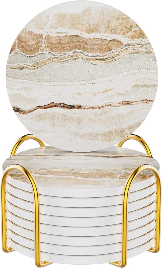 Coasters for Drinks Set of 8, Absorbent Marble with Metal Golden Holder, Ceramic Coaster Set Cup Mat for Home Decor, Bar, Kitchen, Party