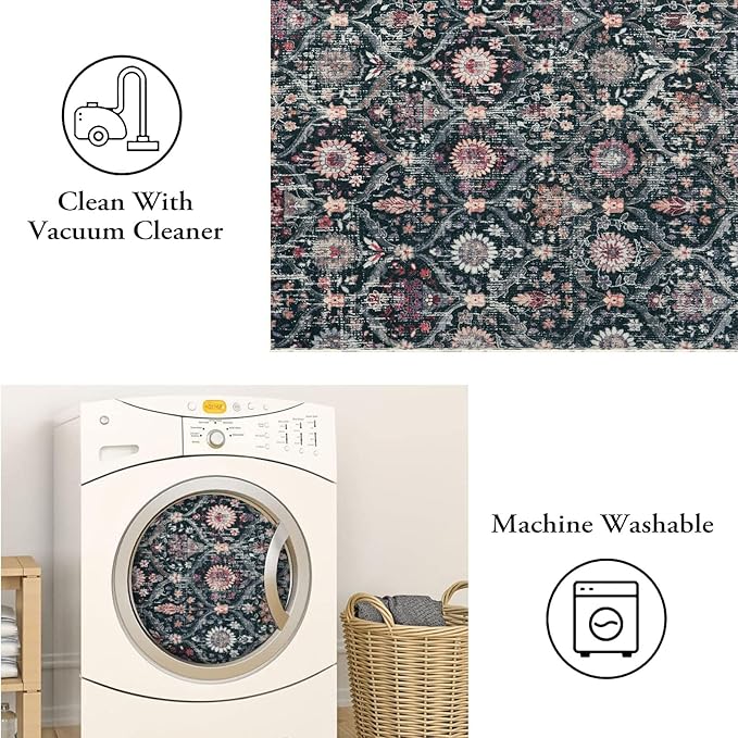 Lahome Moroccan Trellis Round Area Rugs, Washable Small Round Rug 3ft Non-Slip, Soft Vintage Ultra-Thin Circle Carpet for Bedroom Entryway Kitchen Laundry Bathroom, Black/Multi