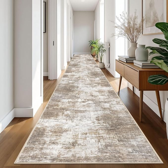 IOHOUZE Abstract Runner Rug 3x20 Ft Extra Long Washable Runners for Hallways, Non Slip Kitchen Runner Printed Faux Wool Entryway Runner Indoor, Modern Abstract Floor Carpet for Hall Stair, Beige Brown