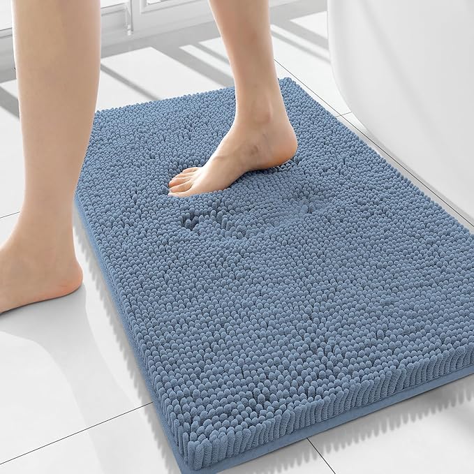 Smiry Luxury Chenille Bathroom Rugs 34x21, Extra Soft and Absorbent Shaggy Bath Mat, Machine Washable, Non-Slip Plush Carpet Runner for Tub, Shower, and Floor, Home Decor Accessories, Grayish Blue