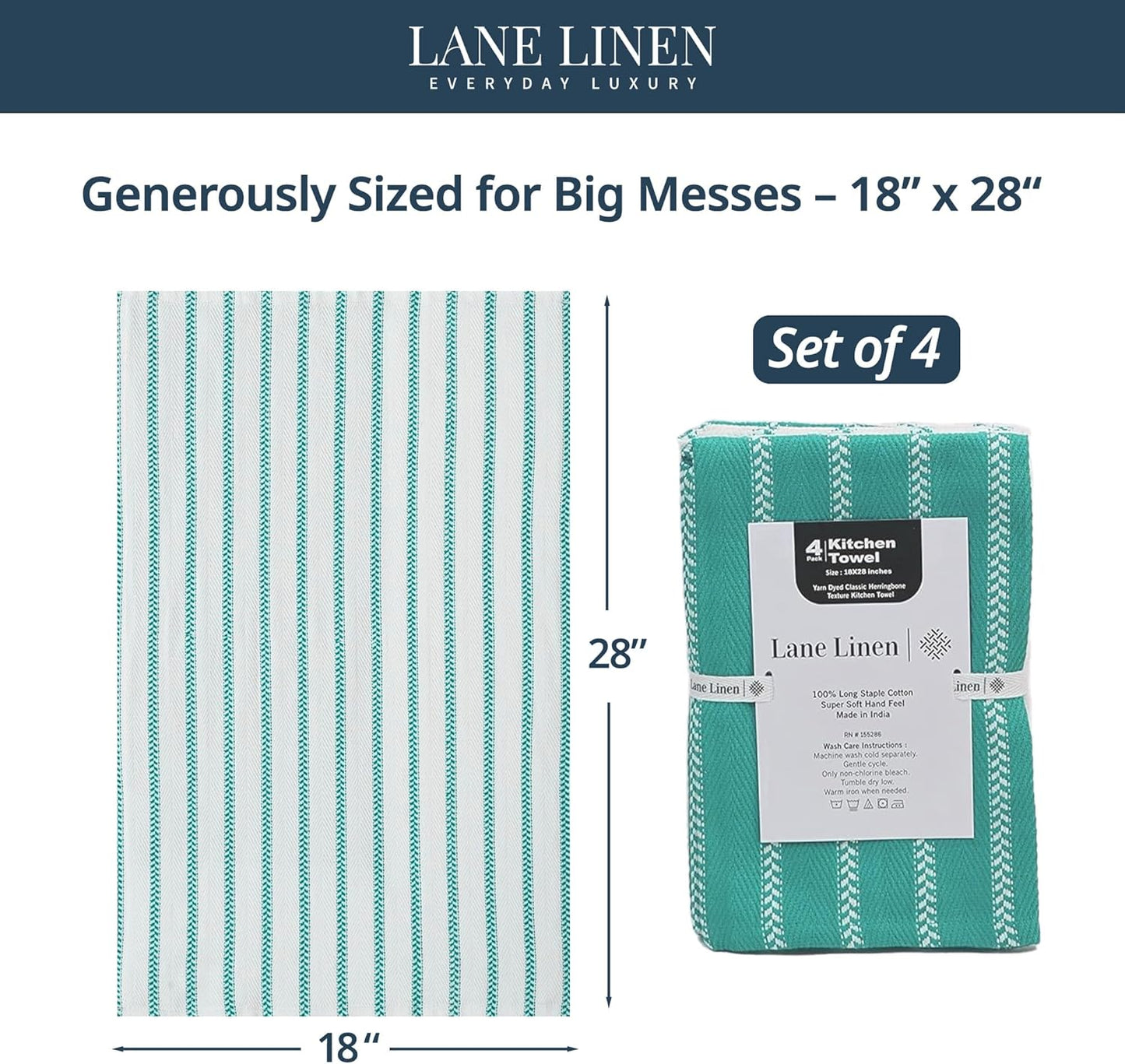 LANE LINEN Kitchen Towels Set - Pack of 4 Cotton Dish Towels for Drying Dishes, 18”x 28”, Absorbent Tea Towels, Quick Drying Kitchen Towel Set - Peacock Blue