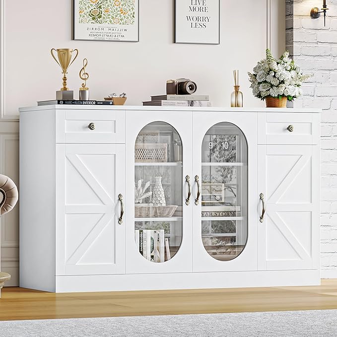 Keyluv Buffet Cabinet 55" Large Storage Coffee Bar with Drawer and Shelves, 3 Spacious Shelves Behind Glass Doors Sideboard Cabinet, Modern Farmhouse Furniture for Kitchen/Dining/Living Room, White