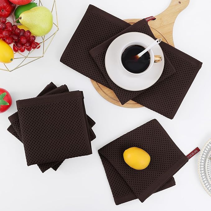 Homaxy 100% Cotton Waffle Weave Kitchen Dish Cloths, Ultra Soft Absorbent Quick Drying Dish Towels, 12 x 12 Inches, 6-Pack, Dark Brown
