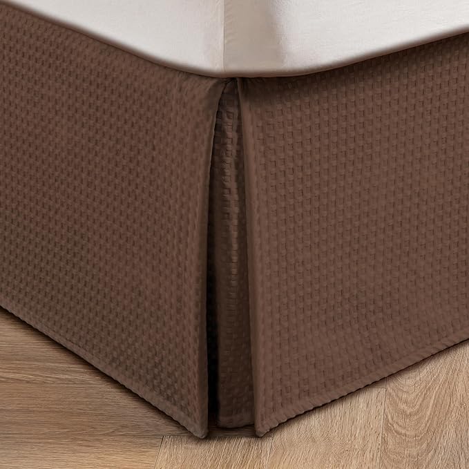 MIYE Pleated Waffle Weave Bed Skirt, Tailored Dust Ruffle 12 Inch Drop Easy Fit, Machine Washable (Brown, Full - 12" Drop)