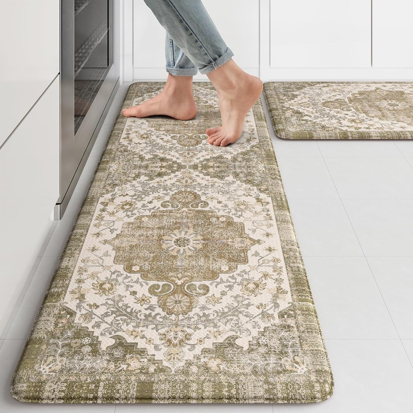 KIMODE Anti Fatigue Mats for Kitchen Floor 2 Piece, Boho Floral Kitchen Rugs Non Slip, Cushioned Kitchen Floor Mats, Comfort Standing Desk Mat for Sink, Laundry, Desk Khaki Multi 17"x47"+17"x29"