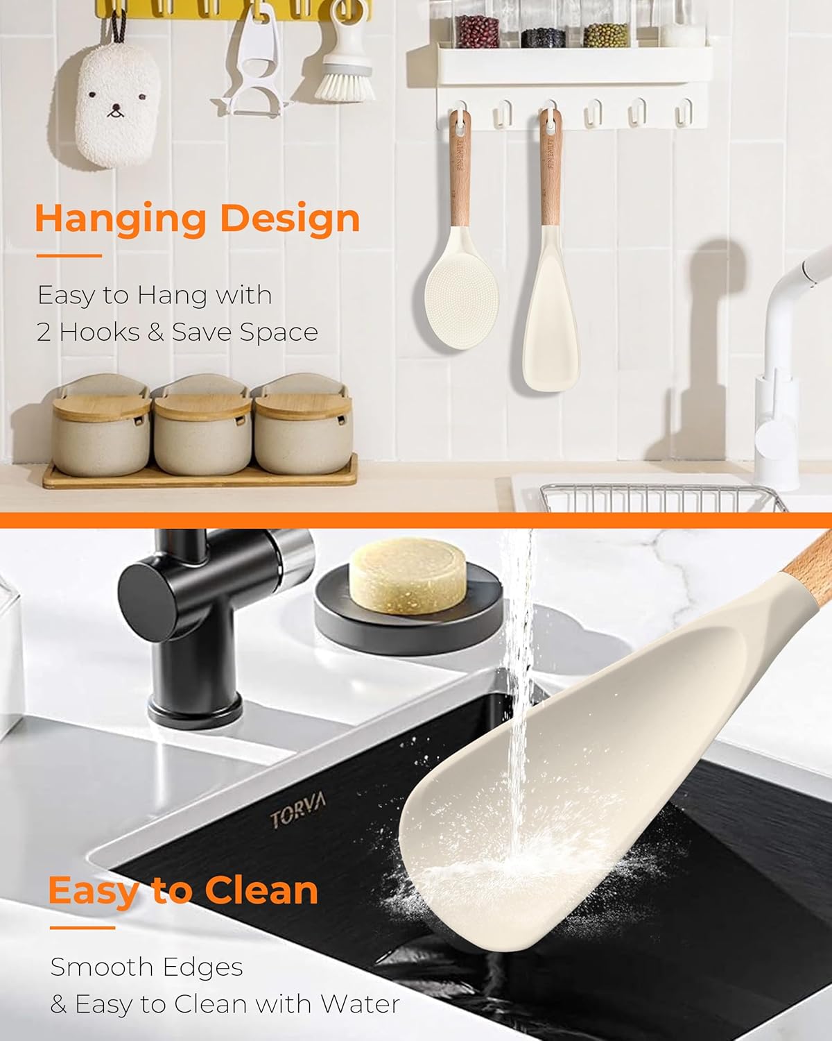 Multifunction Silicone Spatula Spoon 2-Pack Dual-Use-Heat-Resistant 446°F BPA-Free Non-Toxic Cooking for Non-Stick Cookware,Rice Cookers,Wooden Handle Scoop/Serve Meal/Rice Spoon Set (Khaki)