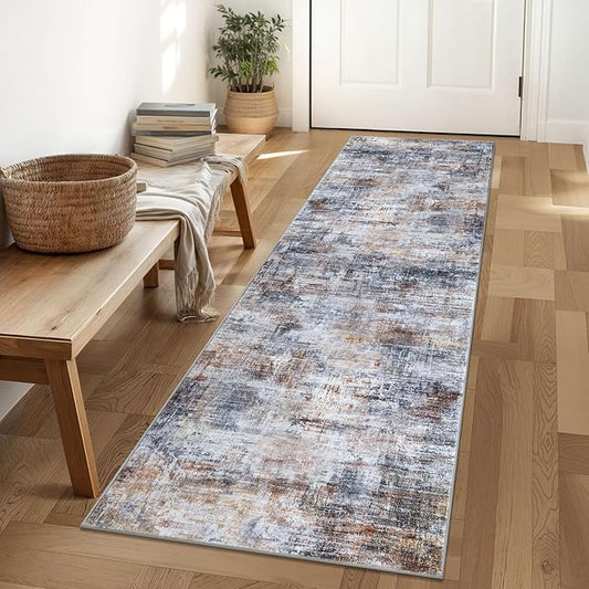 IOHOUZE Abstract Runner Rug 2x6 Ft Washable Runners for Hallways, Non Slip Kitchen Runner Soft Printed Faux Wool Entryway Runner Indoor, Modern Abstract Floor Carpet for Hall Bedroom, Orange Grey
