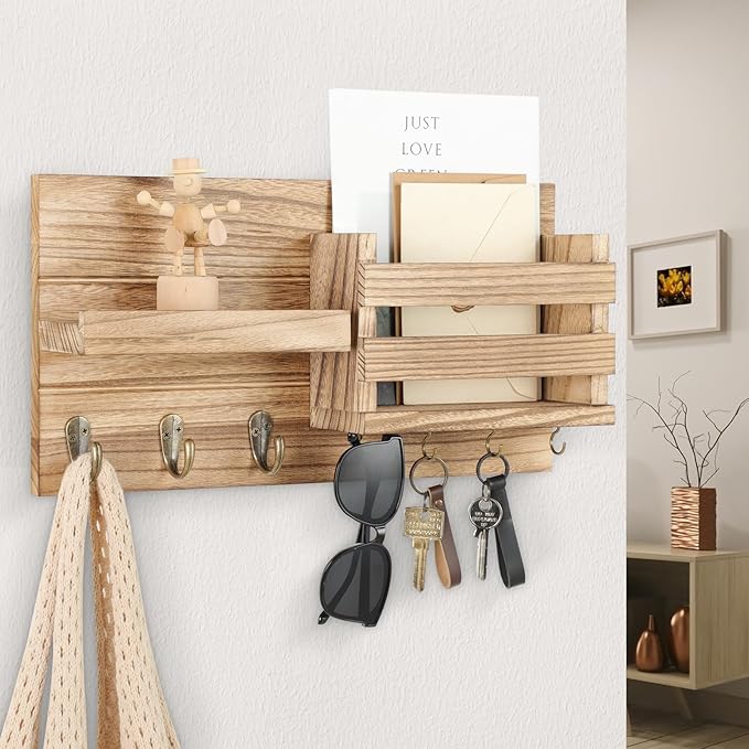 Mail Organizer for Wall Mount – Key Holder with Shelf Includes Letter Holder and Hooks for Coats, Dog Leashes – Rustic Wood with Flush Mounting Hardware (16.5” x 8.7” x 3.5”) (Wood)