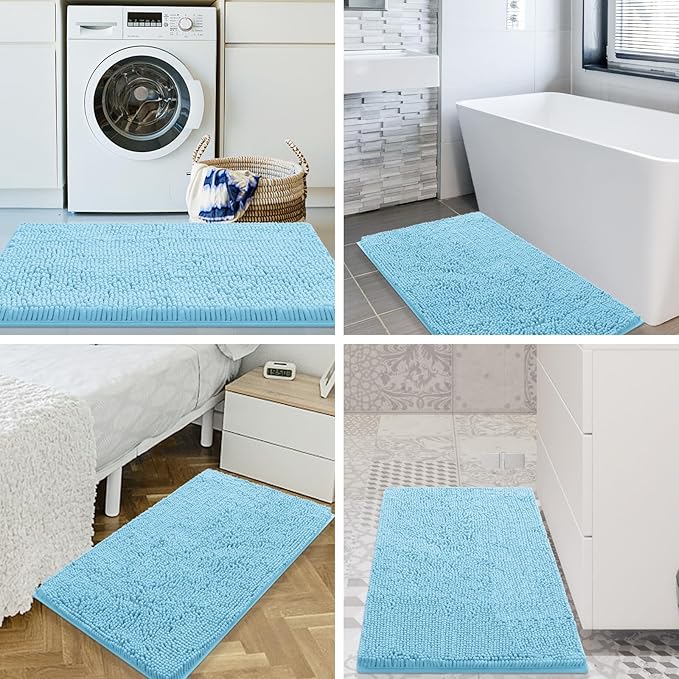 Smiry Luxury Chenille Bathroom Rugs 30x20, Extra Soft and Absorbent Shaggy Bath Mat, Machine Washable, Non-Slip Plush Carpet Runner for Tub, Shower, and Floor, Home Decor Accessories, Sky Blue