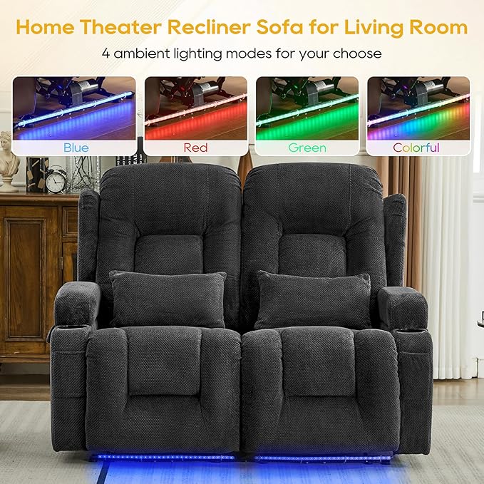 IPKIG 54" Power Reclining Loveseat Sofa, Electric Home Theater Seating with Console/4 Colors Ambient Lighting/USB Ports/Cup Holders for Living Room, Bedroom, Home, RVs (Charcoal, 2 Seater)