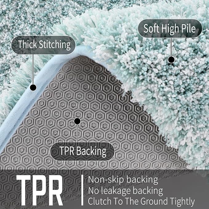 Yimobra Luxury Bathroom Rugs, Fluffy Bath Mats, Non Slip, Water Absorbent Microfiber, Machine Washable, Plush Carpet Shower Rugs, Thick Matts for Bathroom Floor/Tub, 44"x 24", Sky Light Blue and White