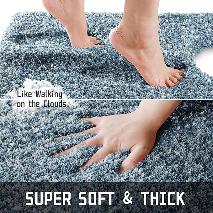 Yimobra Toilet Rugs U Shaped Washable 24x20, Ultra Soft and Water Absorbent Bath Mats, Non Slip Fluffy Shaggy Luxury Microfiber Contour Bath Rugs for Toilet, Dry Quick, Denim Blue and White